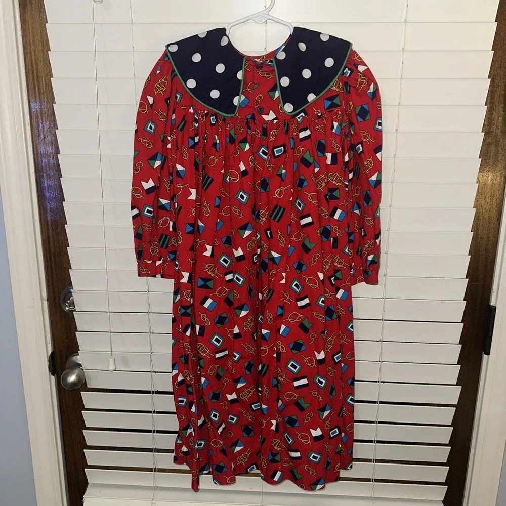 Sugar‎ Buttons Dress Girls Nautical Flags Rope Size 7 Long Sleeve Red Vintage